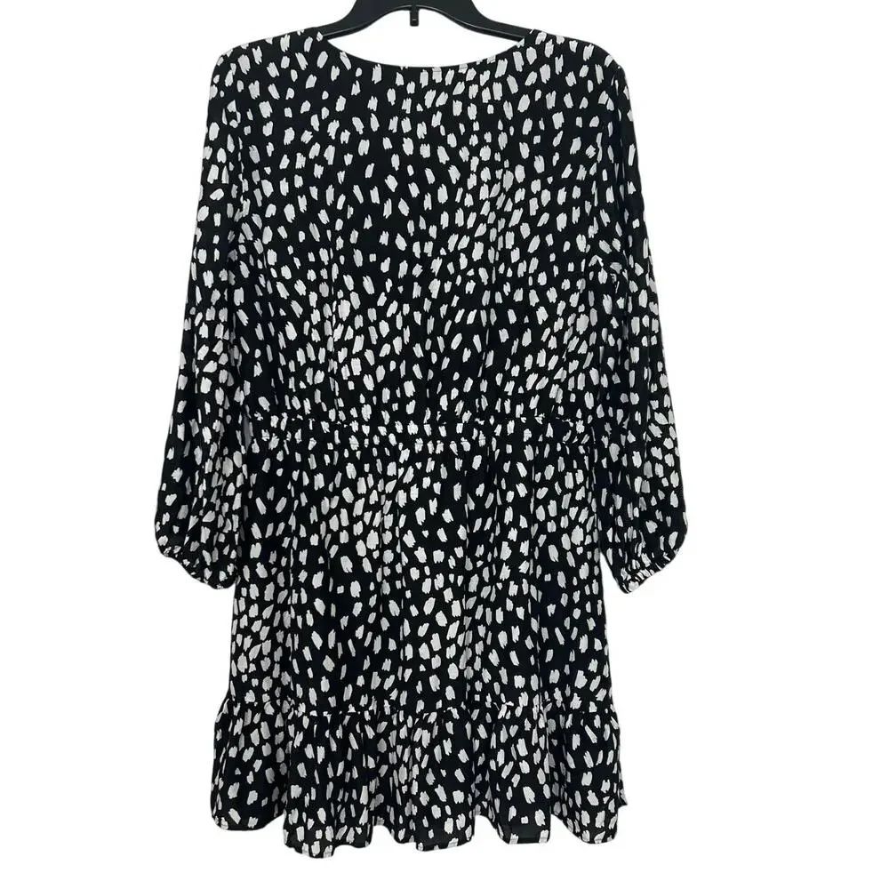 Vineyard Vines Black White Silk Blend Dress Large V Neck Long Sleeve Ruffle Hem - Picture 3 of 16
